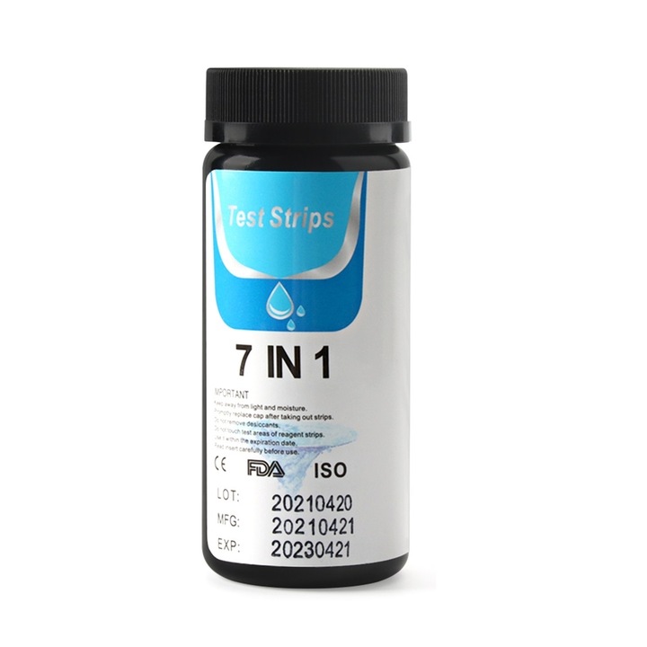 Комплект от 50 ленти за бърз тест за вода, извършете 7 теста едновременно общ хлор, свободен хлор, PH, алкалност, твърдост, нитрати, бром