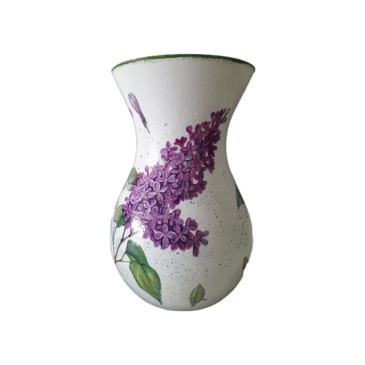 Vaza decorativa din ceramica, pictata manual, flori de liliac, 18cmx12cm