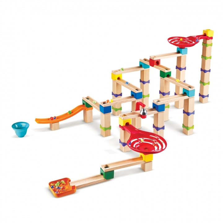 Set pista din lemn cu minge, Hape, Trucuri si intoarceri, 129 piese