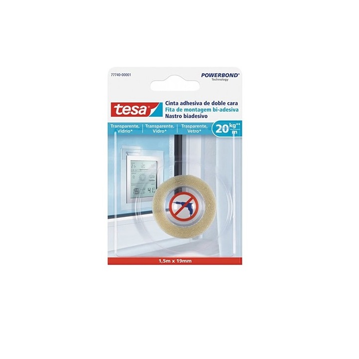 Banda Montaj Pentru Suprafete Transparente Si Sticla, 1.5mx19mm, Tesa
