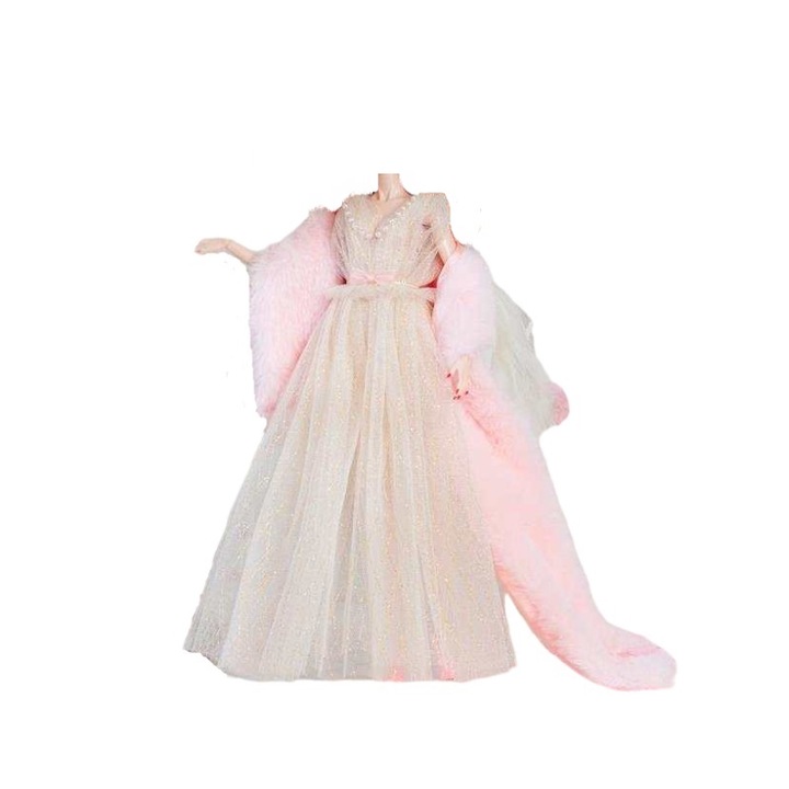 TAKUMI ruhakészlet, Tüll ruha, prémes kendő és szandál, Giselle, Pink, Nude, +3 év