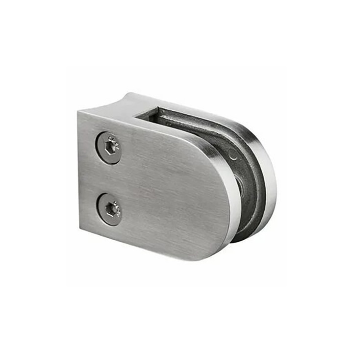 Clema din inox E5433 EmaConstruct pentru sticla cu grosime de 6 mm, prindere pe profil cu diametru 33,7 mm, finisaj satinat