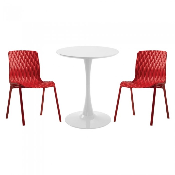 Set mobila bucatarie RAKI, masa rotunda alba D60xh76cm Nikko si 2 scaune polipropilena cu picioare metalice Royal rosii