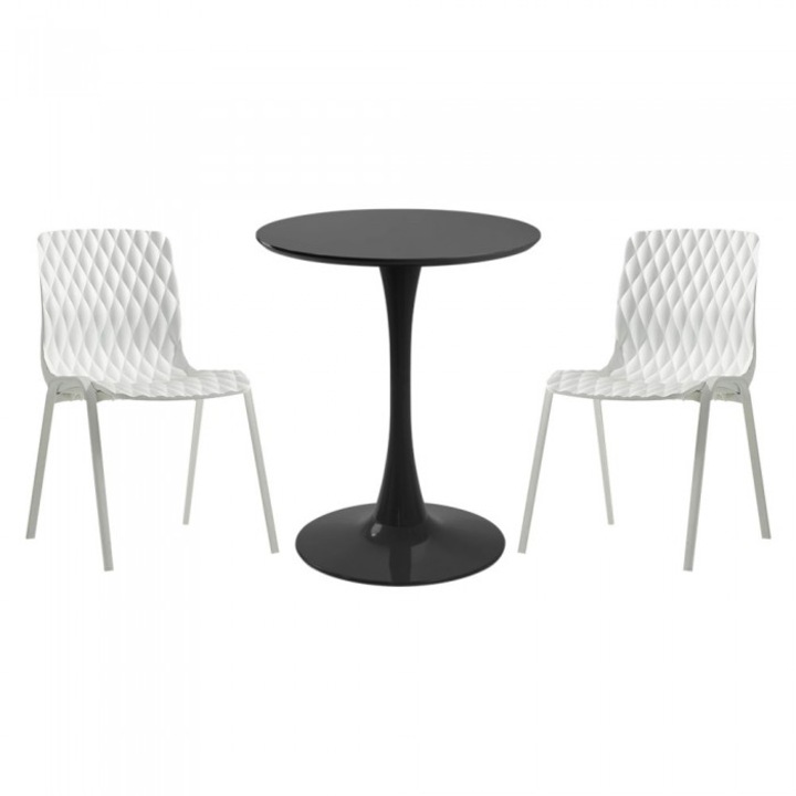 Set mobila bucatarie RAKI, masa rotunda neagra D60xh76cm Nikko si 2 scaune polipropilena cu picioare metalice Royal albe