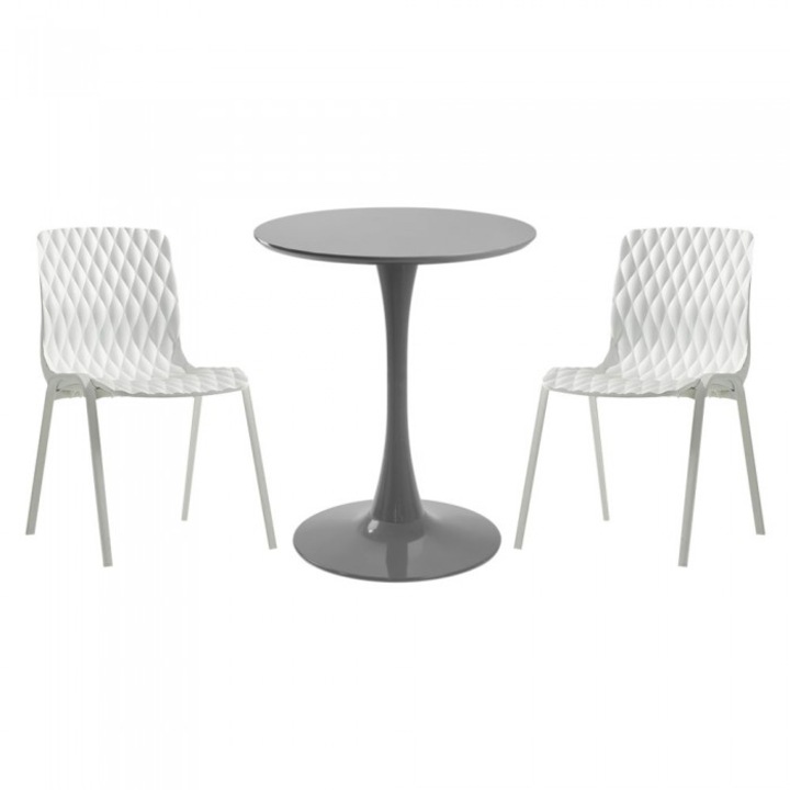 Set mobila bucatarie RAKI, masa rotunda gri D60xh76cm Nikko si 2 scaune polipropilena cu picioare metalice Royal albe