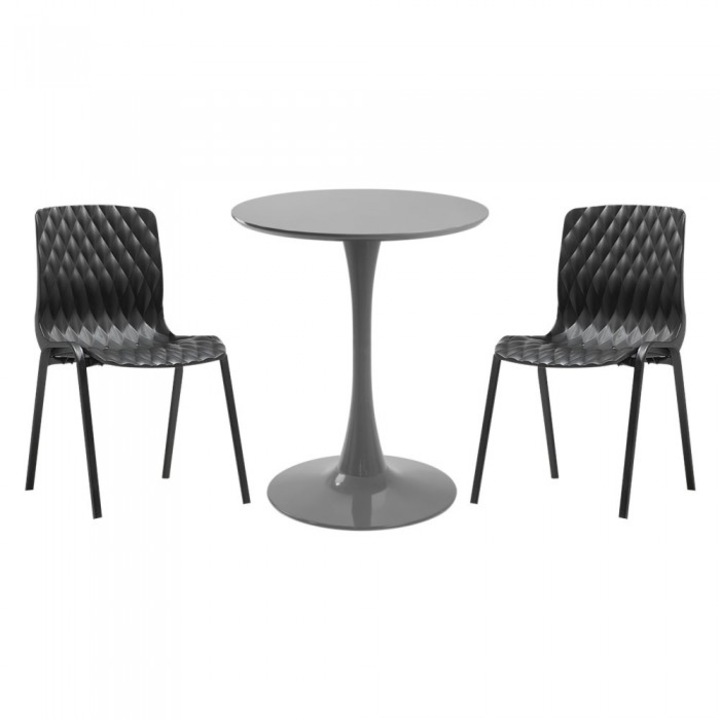 Set mobila bucatarie RAKI, masa rotunda gri D60xh76cm Nikko si 2 scaune polipropilena cu picioare metalice Royal negre