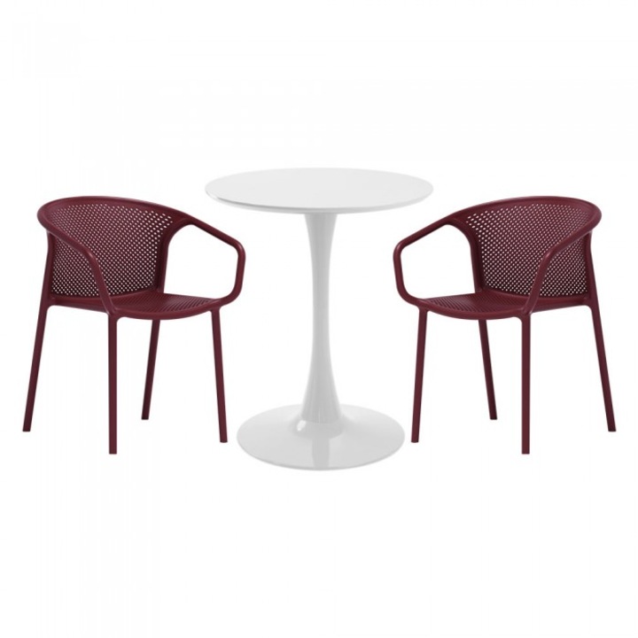 Set mobila bucatarie RAKI, masa rotunda alba D60xh76cm Nikko si 2 scaune polipropilena cu spatar rotunjit Chicago bordo
