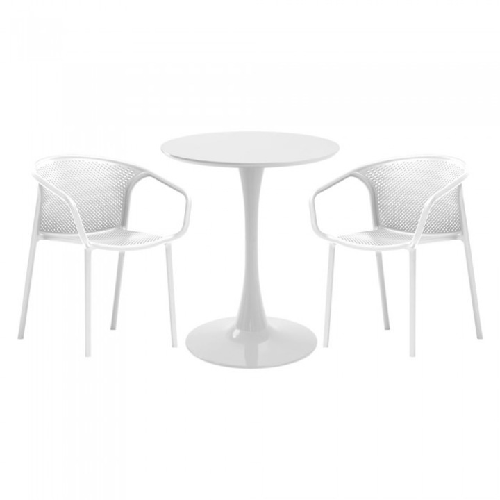 Set mobila bucatarie RAKI, masa rotunda alba D60xh76cm Nikko si 2 scaune polipropilena cu spatar rotunjit Chicago albe