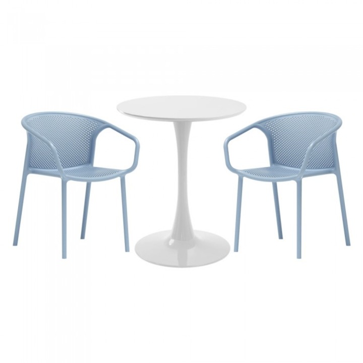 Set mobila bucatarie RAKI, masa rotunda alba D60xh76cm Nikko si 2 scaune polipropilena cu spatar rotunjit Chicago albastre