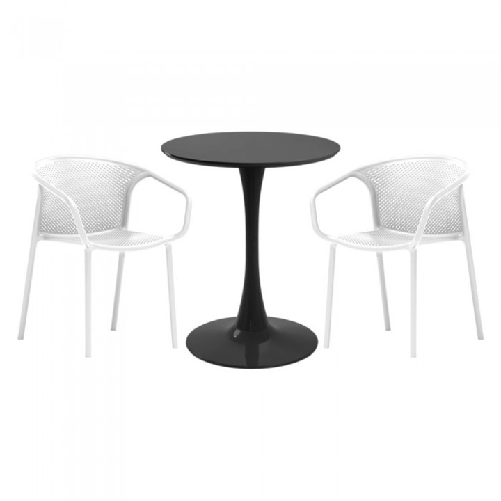 Set mobila bucatarie RAKI, masa rotunda neagra D60xh76cm Nikko si 2 scaune polipropilena cu spatar rotunjit Chicago albe