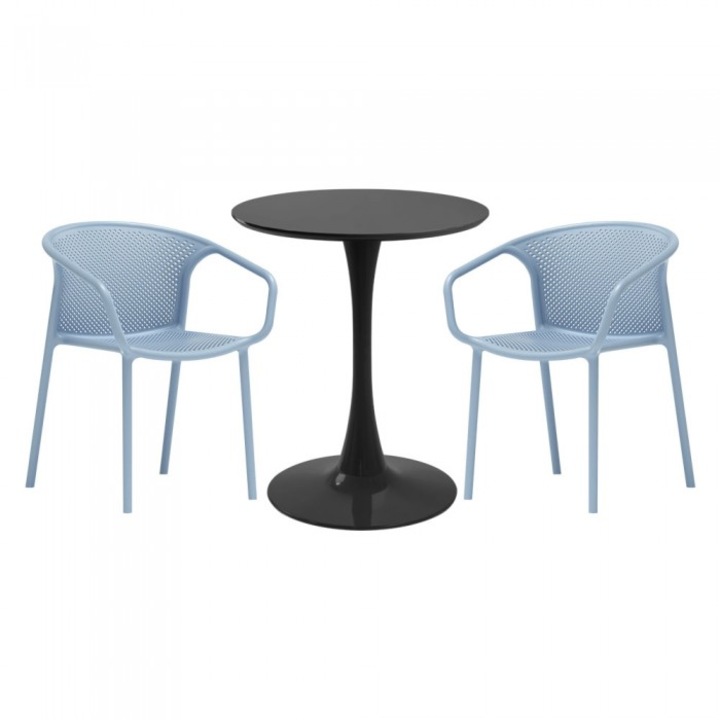 Set mobila bucatarie RAKI, masa rotunda neagra D60xh76cm Nikko si 2 scaune polipropilena cu spatar rotunjit Chicago albastre