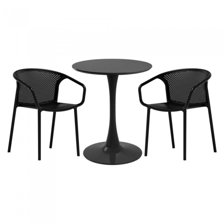 Set mobila bucatarie RAKI, masa rotunda neagra D60xh76cm Nikko si 2 scaune polipropilena cu spatar rotunjit Chicago negre