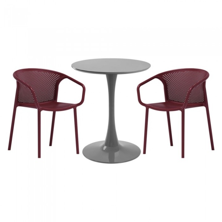 Set mobila bucatarie RAKI, masa rotunda gri D60xh76cm Nikko si 2 scaune polipropilena cu spatar rotunjit Chicago bordo
