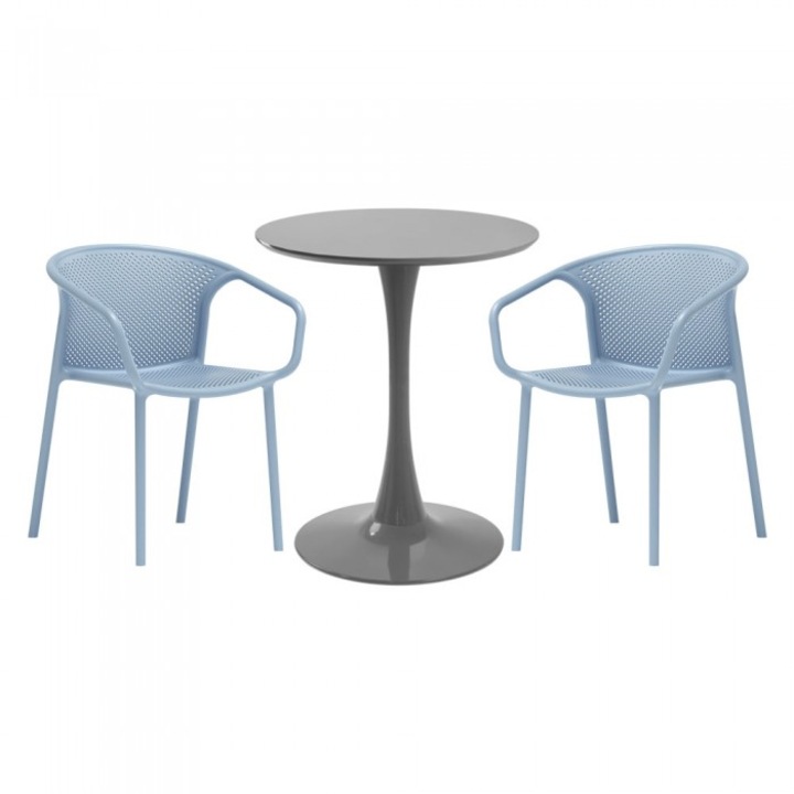 Set mobila bucatarie RAKI, masa rotunda gri D60xh76cm Nikko si 2 scaune polipropilena cu spatar rotunjit Chicago albastre