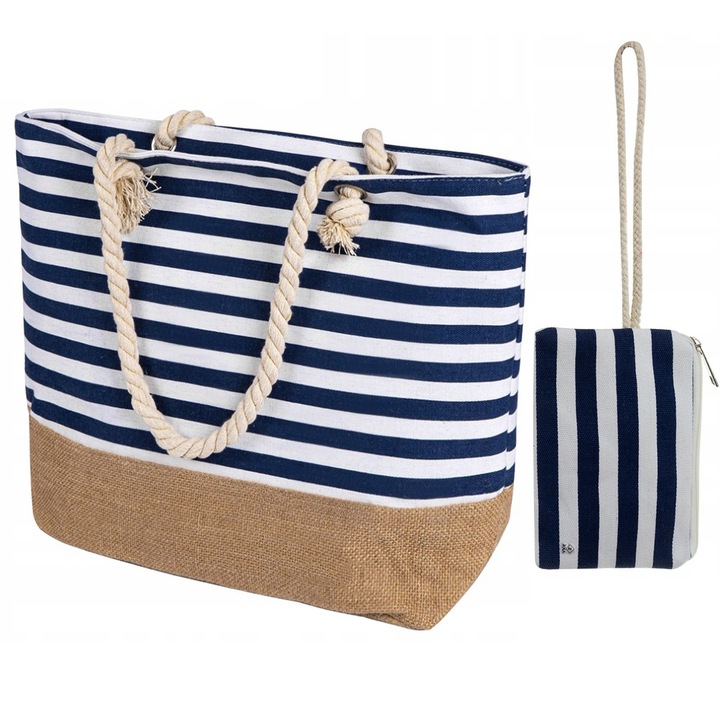 Плажна чанта с портфейл, Zola, синьо и бежово, десен на райе, 34x48x14 см