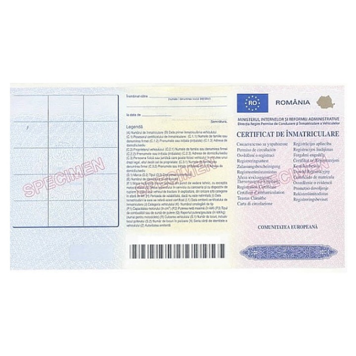 Coperta certificat inmatriculare, talon auto, 215 x 116 mm