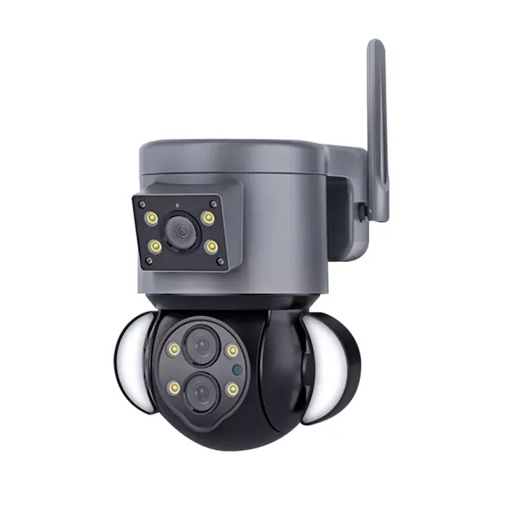 Videó megfigyelő kamera két kamerával, WiFi kapcsolat, 4MP SuperHD, 10X zoom, színes éjszakai látás, intelligens követés, PTZ, Micro SD, dupla LED kivetítők, Forgatás, Mozgásriasztás, Beltéri és Kültéri, Szürke