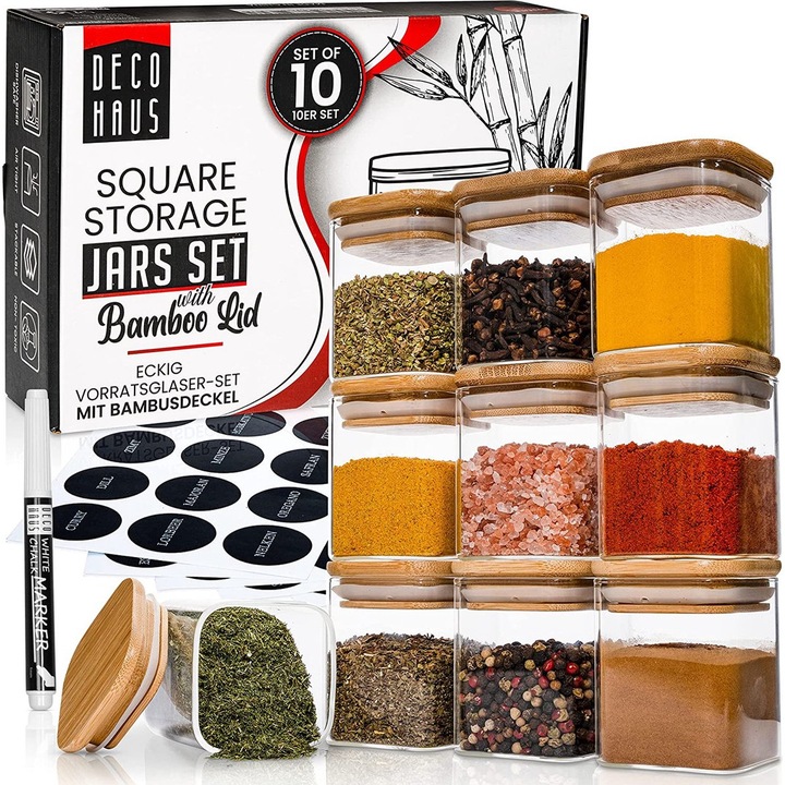 Deco Haus Комплект от 10 стъклени буркана за многократна употреба с бамбукови капаци - херметически, подходящи за съдомиялна машина, микровълнова фурна - за съхранение на торти, паста, суха храна, зърнени храни, кафе - 7,6 см височина, 6 см диаметър