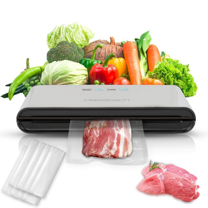 Aparat de vidat Classbach, C-VK4000, bara de vidare 30 cm, 12 litri/min, vidare umeda/uscata, vidare automata si manuala, alimente uscate/umede/sensibile, functie Turbo, pungi incluse, argintiu