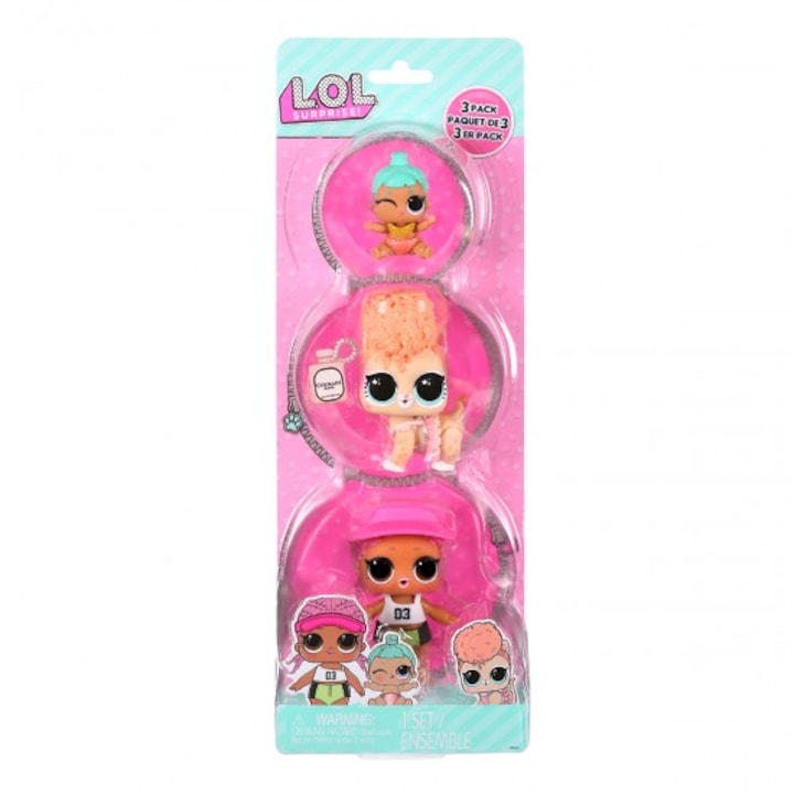 Set 3 figurine L.O.L. Surprise! seria OPP Tot &plus; Pet &plus; Lil Sis − Spike &plus; Cowardly Kitty &plus; Lil Genie