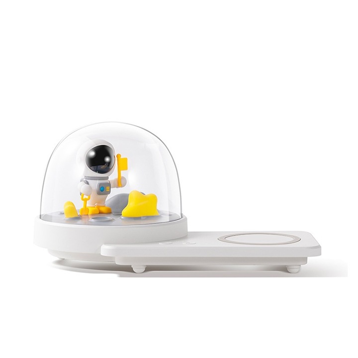 Incarcator rapid wireless 3 in 1 pentru telefon, difuzor de muzica Bluetooth, lampa de birou, portabila, cu suport pentru incarcator, reincarcabila prin USB, Alb