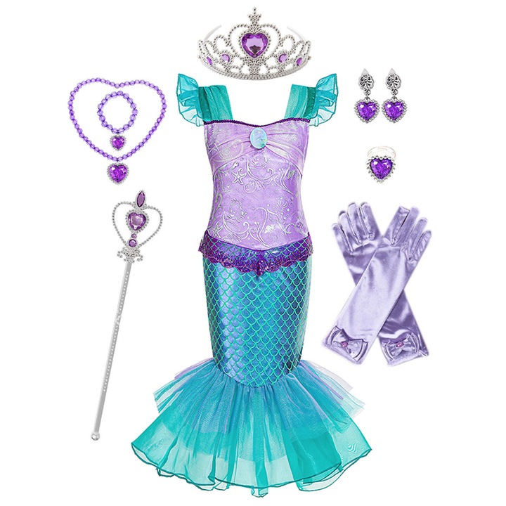 Rochie model Sirena Printesa Ariel, cu multiple accesorii, 140 cm / 9-10 ani, Mov/Turcoaz