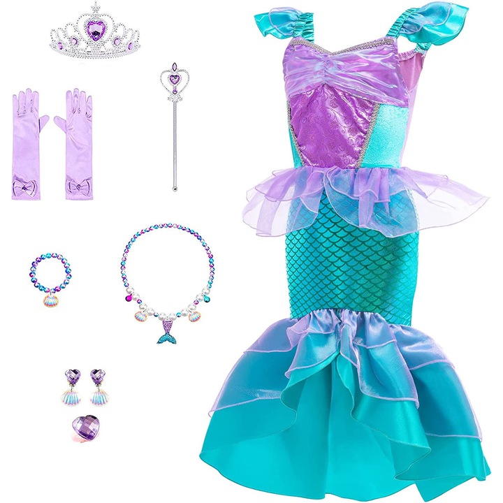 Costum carnaval model Sirena Printesa Ariel, cu multiple accesorii, 130 cm / 7-8 ani, Turcoaz/Multicolor