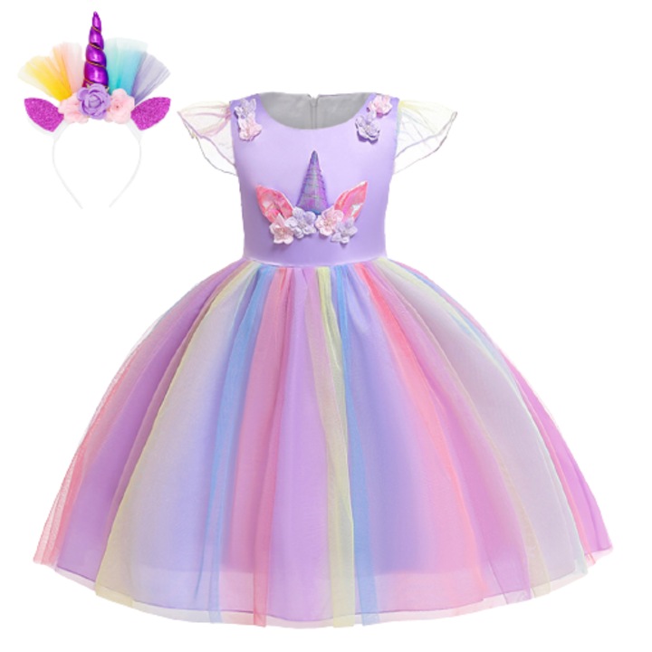 Rochita pentru fete, Model Unicorn, Tip tutu, Party Chili®, Bumbac, 7-8 ani, 130 cm, Mov