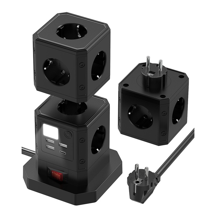 Удължител с 3 USB порта SAFEMORE, 1 PD20W Type-C порт, 3,4 A разглобяема станция за бързо зареждане, 14 AC контакта, Защита от пренапрежение с нощна светлина, 2 м, 220 V-250 V/10 A, 2500 W, Черен