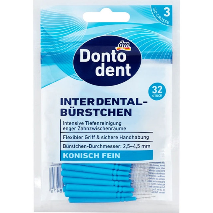 Set 32x Periute Interdentare, Dontodent, Konisch Fein, Curatare Eficienta, Culoare Albastra, Marime 2.5-4.5mm