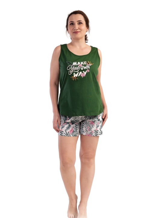 Pijamale dama, Vienetta, Own Way, bretele, bumbac, verde/alb, 2XL