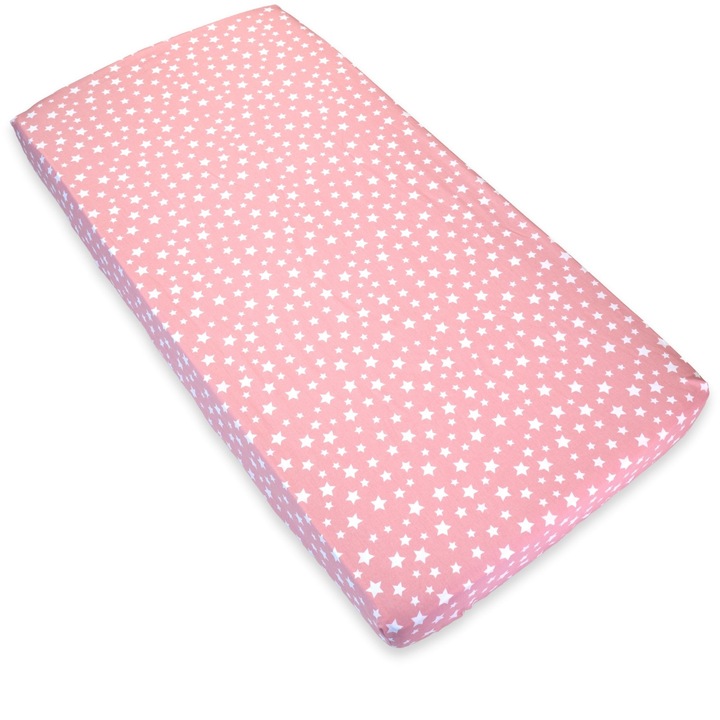Чаршаф с ластик за детска кошара 120х60 бели звезди с розов фон