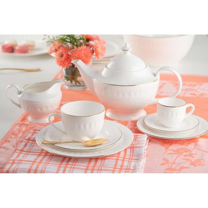 Set serviciu cafea, Villa Italia, Portelan, Pentru 6 persoane, Alb/Auriu