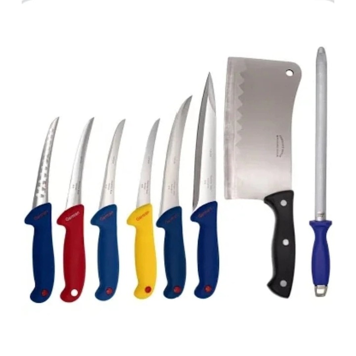 Set profesional macelarie format din 8 piese,6 cutite,1 masat,1 satar pentru spart oase, DOW, maner ergonomic antialunecare, potrivit si pentru uz casnic