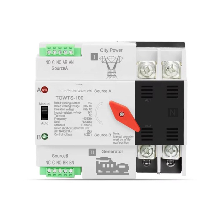 Comutator automat transfer retea panouri fotovoltaice, tip ATS, 100A, 220V, 2P