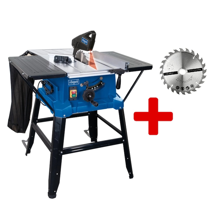 Настолен циркуляр Scheppach HS250L 5901313904, 2000 W, Диаметър на диска 254 мм, 220-240 V, 4800 оборота/минута, Размер на масата 626 x 430 мм, 3 удължителя, Чанта за остатъци, 2 режещи диска