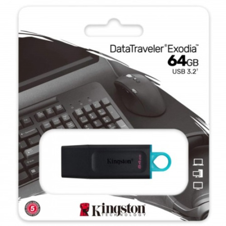 Memorie USB Kingston, 64Gb, Datatraveler Exodia, USB 3.2, Negru