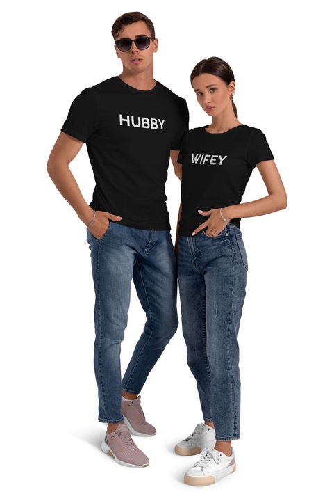 Set 2 tricouri pentru cuplu Hubby, Wifey, Negru, marime S-M INTL