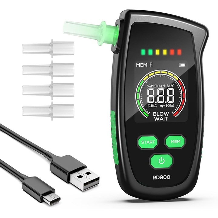 Цифров тестер за алкохол с LCD дисплей, MOSMAOO®, преносим, 5 накрайника, усъвършенстван сензор, със светлинен индикатор за аларма, LCD дисплей, цветен