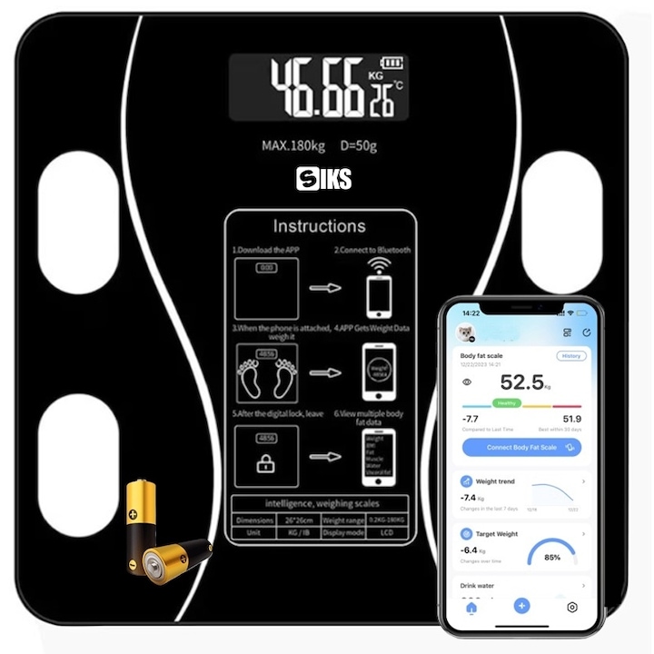 SIKS Elektronikus mérleg, intelligens alkalmazással, megvilágított digitális képernyővel, hőmérővel, maximálisan 180 kg-ot támogat, elemekkel, fekete