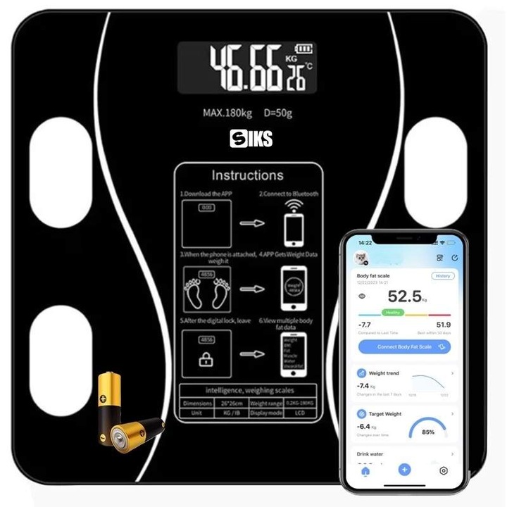 Cantar Electronic Inteligent De Baie SIKS Cu Aplicatie Smart, Corporal, Ecran Digital Iluminat, Termometru, Suporta Maxim 180 Kg, Baterii, Negru