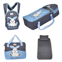 Set Port Bebe 4 piese, La Moda Kids model Baby Bunny, Landou, Marsupiu, Geanta necesar bebelusi si Saltea cu perna, Transport voiaj si pliabile, Albastru/Gri petrol