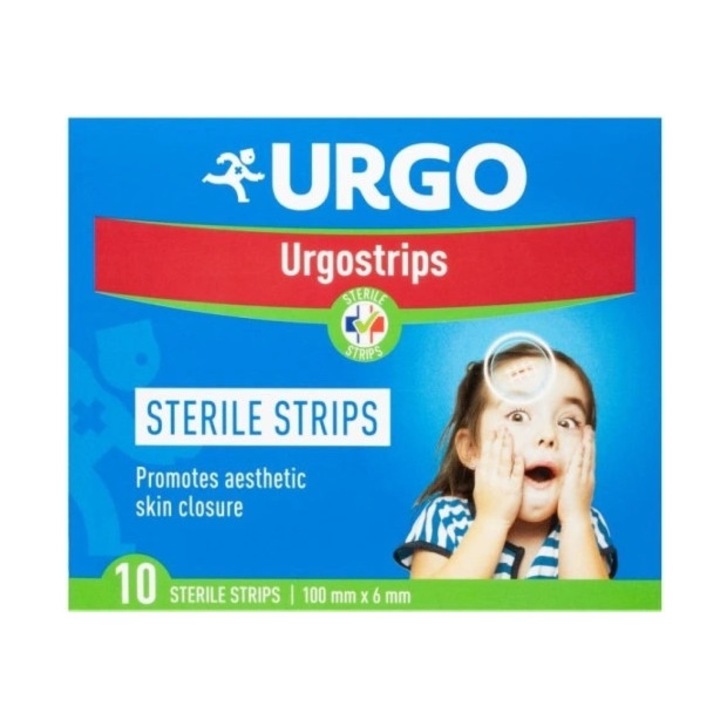 Benzi sterile Urgo Urgostrips, autoadezive pentru închiderea plăgilor, 10 benzi, rezistente, toleranță ridicată a pielii