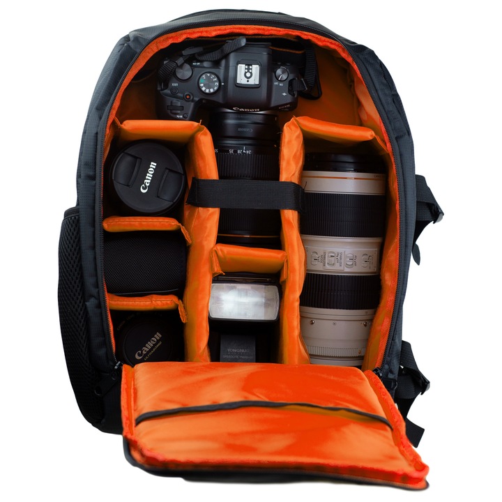 Rucsac compartimentat pentru camera foto profesionala si accesorii, cu husa impermeabila, 44x31x18cm, portocaliu