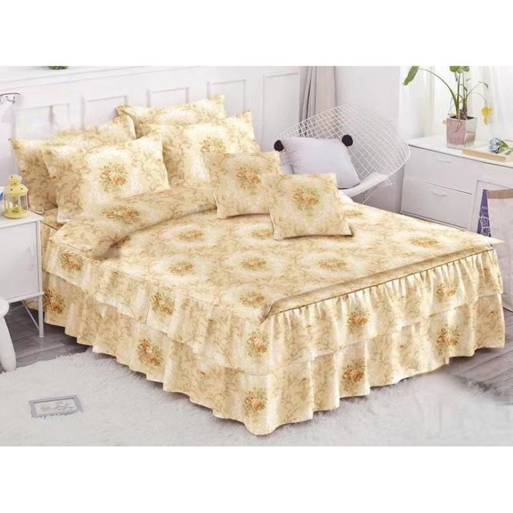 Lenjerie de pat dublu, cearsaf cu volanase, Primavara, imprimeu Bej, 6 piese, 2 persoane, Finet, 200x230cm