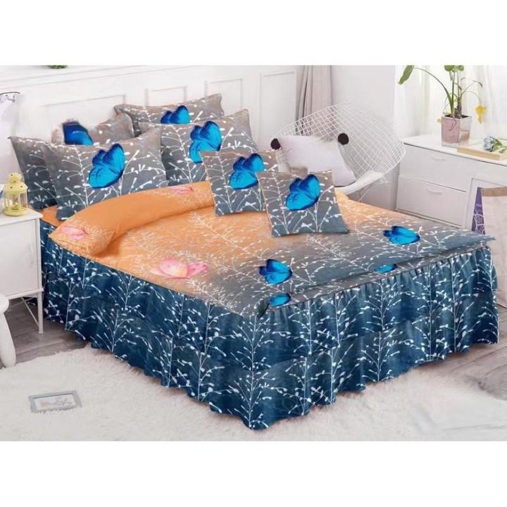 Lenjerie de pat dublu, cearsaf cu volanase, Primavara, Crengute Cu Fluturasi, 6 piese, 2 persoane, Finet, 200x230cm