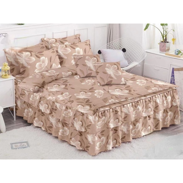 Lenjerie de pat dublu, cearsaf cu volanase, Primavara, Bone Cu Flori, 6 piese, 2 persoane, Finet, 200x230cm