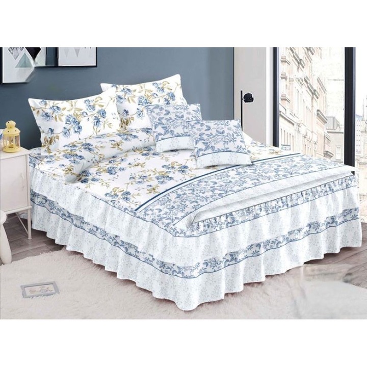 Lenjerie de pat dublu, cearsaf cu volanase, Primavara, Trandafiri Gri Albastrui, 6 piese, 2 persoane, Finet, 200x230cm