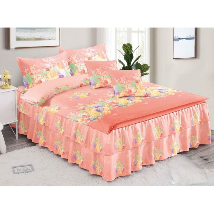 Lenjerie de pat dublu, cearsaf cu volanase, Primavara, Flori Multicolore, 6 piese, 2 persoane, Finet, 200x230cm