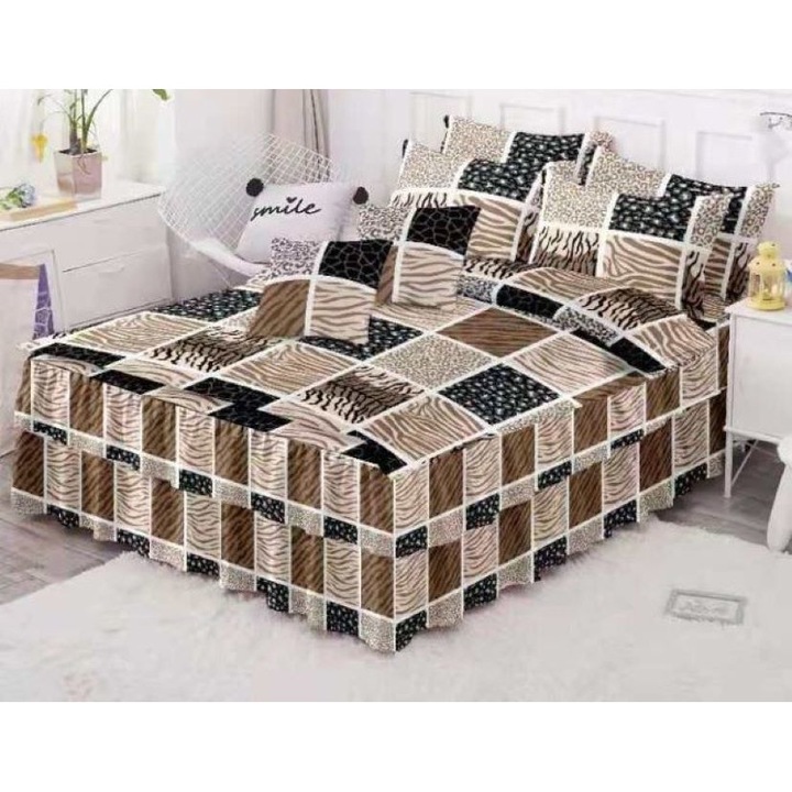 Lenjerie de pat dublu, cearsaf cu volanase, Primavara, Patratele Animal Print, 6 piese, 2 persoane, Finet, 200x230cm